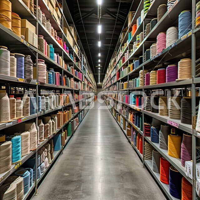 مستودع من الخيطان, مستلزمات الخياطة والملابس, خيوط ملونة بعدة أنواع,بكرات من الخيطان منسقة على الرفوف بترتيب واتقان, الخياطة والأزياء والموضة