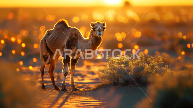 الاهتمام في تربية الحيوانات والإبل، صورة لناقة وسط الصحراء المملكة العربية السعودية، الرمال الذهبية الناعمة في المناطق الصحراوية وقت الغروب، محميات طبيعية لرعاية الجمال والمواشي، توارث حب تربية النوق من الأجداد
