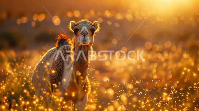 الرمال الذهبية الناعمة في المناطق الصحراوية وقت الغروب، الاهتمام في تربية الحيوانات والإبل، صورة لناقة وسط الصحراء المملكة العربية السعودية، محميات طبيعية لرعاية الجمال والمواشي، توارث حب تربية النوق من الأجداد