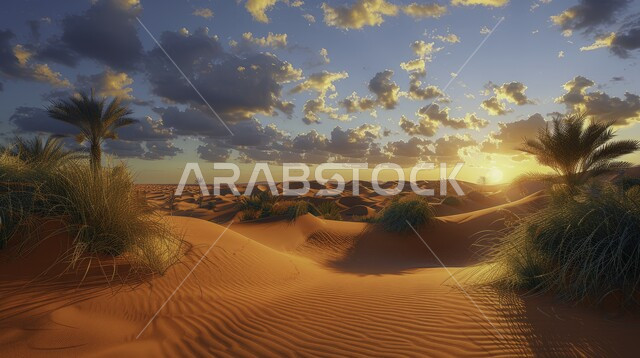 نمو النباتات الشوكية في المناخ الصحراوي الجاف والقاسي، التلال والكثبان الرملية، منظر السماء المليئة بالسحب والغيوم في وقت غروب الشمس، الرمال الذهبية الناعمة، المناظر الطبيعية في الصحراء في المملكة العربية، المناطق الصحراوية في السعودية
