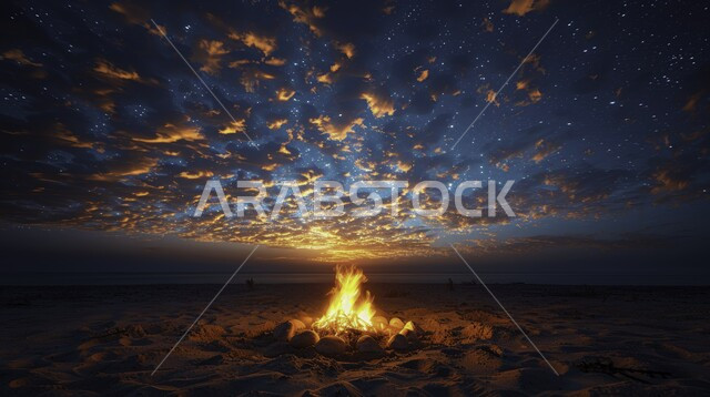 أجواء ليلية هادئة أمام شعلة الحطب في الصحراء، أماكن المغامرات والكشتات البرية، مخيمات سياحية في صحاري المملكة العربية السعودية، أجواء التخييم الشبابية الممتعه، الطبيعة والرمال الذهبية الناعمة، منظر السماء المليئة بالغيوم ليلا