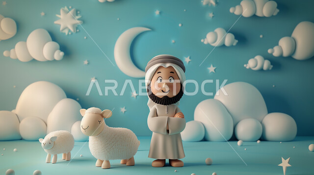 أضحية وقربان عيد الأضحى المبارك, رسوم توضيحية ثلاثية الابعاد لرجل عربي خليجي سعودي مع نعجة بيضاء, تربية المواشي والحيوانات في المحميات الطبيعيه, أفلام ومسلسلات كرتونية للأطفال، الأعياد والمناسبات الدينية الاسلامية، خلفية غيوم