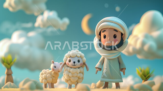 قربان وأضحية عيد الأضحى المبارك, رسوم توضيحية ثلاثية الابعاد لرجل عربي خليجي سعودي مع نعجة بيضاء, تربية المواشي والحيوانات في المحميات الطبيعيه, أفلام ومسلسلات كرتونية للأطفال، الأعياد والمناسبات الدينية الاسلامية، خلفية غيوم