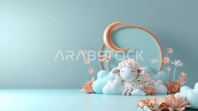 رسوم توضيحية ثلاثية الابعاد لنعجة بيضاء, قربان وأضحية عيد الأضحى المبارك, تربية المواشي والحيوانات في المحميات الطبيعيه, أفلام ومسلسلات كرتونية للأطفال، الأعياد والمناسبات الدينية الاسلامية، خلفية زرقاء