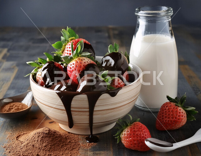 Ripe pieces of delicious strawberry fruit with chocolate in a white bowl on a wooden surface, a healthy milk drink in a glass bowl, local Saudi agricultural crops and products, fresh seasonal fruits, black background