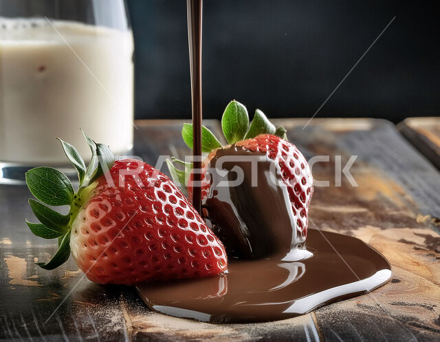 سقوط الشوكولا على حبات ناضجة من فاكهة الفراولة اللذيذة على سطح خشبي، مشروب الحليب الصحي المفيد في اناء زجاجي, محاصيل ومنتجات محلية زراعية سعودية, فواكه موسميه طازجه ،خلفية سوداء