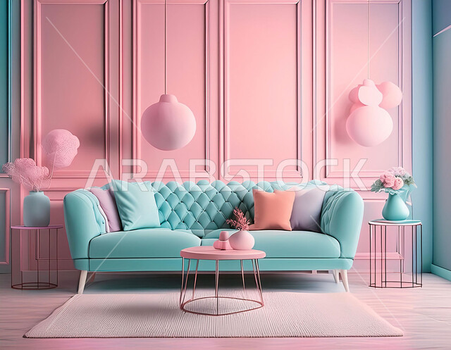 Living rooms with modern, luxurious designs, antiques and elegant interior decorations, living rooms with distinctive colors, residential apartments and villas in the Kingdom of Saudi Arabia, elegant and comfortable home furniture.