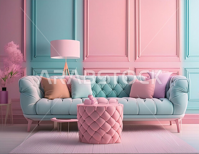 Living rooms with modern, luxurious designs, antiques and elegant interior decorations, living rooms with distinctive colors, residential apartments and villas in the Kingdom of Saudi Arabia, elegant and comfortable home furniture.