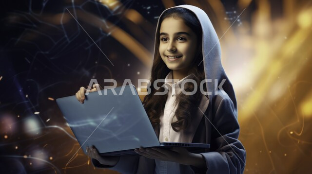 تصفح مواقع التواصل الاجتماعي عبر الانترنت، إجراء مكالمات فيديو عبر جهاز اللابتوب، صورة مقربة لفتاة عربية خليجية سعودية تضع غطاء الرأس تعمل على الحاسب المحمول بايماءات السعادة والسرور، استخدام التكنولوجيا الحديثة والمتطورة