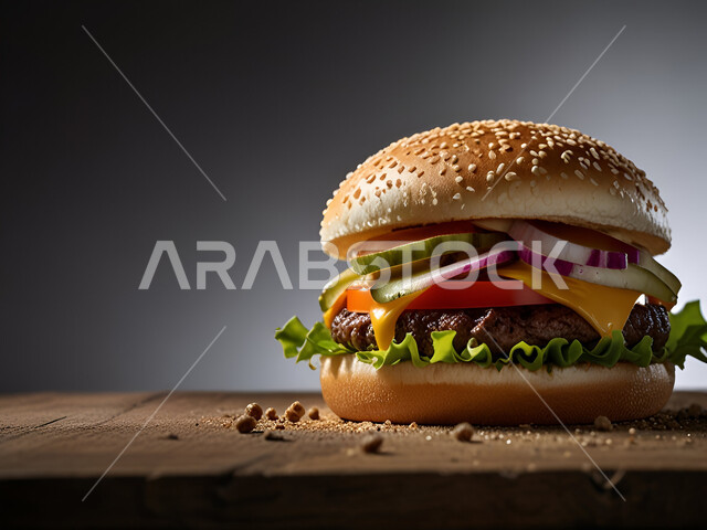 ساندوتش البرجر بقطع اللحم المشوية وشرائح الجبن الذائبة مع الخضراوات الطازجة على طاولة خشبية, وجبات غذائية شهية، وصفات الطعام السريعة الغير صحية، مطاعم للمأكولات الغربية في المملكة العربية السعودية، خلفية سوداء