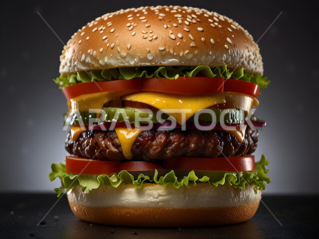 ساندوتش البرجر بقطع اللحم المشوية وشرائح الجبن الذائبة مع الخضراوات الطازجة على طاولة خشبية, وجبات غذائية شهية، وصفات الطعام السريعة الغير صحية، مطاعم للمأكولات الغربية في المملكة العربية السعودية، خلفية سوداء