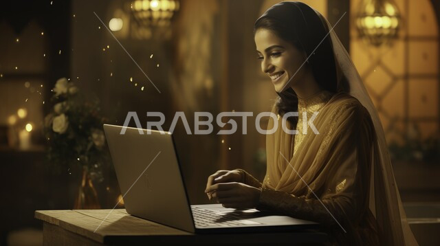 إنجاز مهام العمل عن بعد من خلال الانترنت، استخدام التكنولوجيا الحديثة والمتطورة، إجراء مكالمات فيديو عبر جهاز اللابتوب، صورة مقربة لإمرأة عربية خليجية سعودية تعمل على الحاسب المحمول بايماءات السعادة، مهن ووظائف نسائية مكتبية