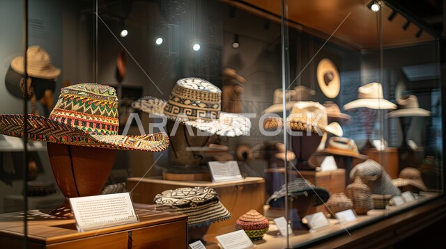 A store that sells straw hats made of wicker fronds and dried palm leaves, heritage and authenticity in the Kingdom of Saudi Arabia, national local products, traditional folk crafts, historical handicrafts, ancient works and industries