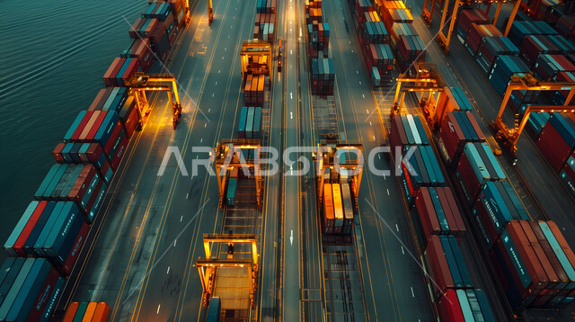 الاقتصاد البحري لنقل واستلام كونتينرات التخزين, موانئ شحن البضائع و الحاويات التجارية, صورة من الاعلى لتجارة السلع والمنتجات المحلية عبر السفن في البحار، استخدام الوسائل المتطورة الحديثه في إستيراد وتصدير البضاعة في السعودية