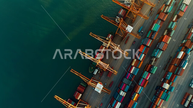 الاقتصاد البحري لنقل واستلام كونتينرات التخزين, موانئ شحن البضائع و الحاويات التجارية, صورة من الاعلى لتجارة السلع والمنتجات المحلية عبر السفن في البحار، استخدام الوسائل المتطورة الحديثه في إستيراد وتصدير البضاعة في السعودية