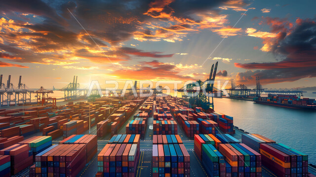 استخدام الوسائل المتطورة الحديثه في استيراد وتصدير البضاعة في السعودية, تجارة السلع والمنتجات المحلية عبر السفن في البحار، صورة من الاعلى لموانئ شحن البضائع و الحاويات التجارية وقت غروب الشمس, الاقتصاد البحري لنقل واستلام كونتينرات التخزين
