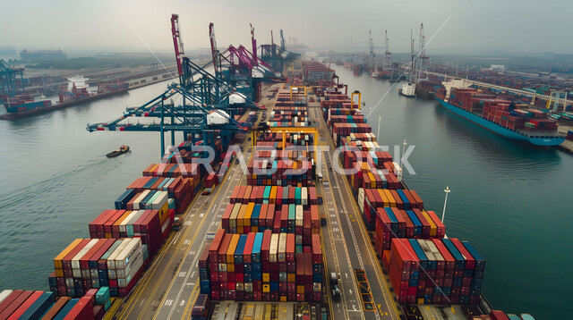 Trade of local goods and products via ships at sea, use of modern advanced means in exporting and importing goods in Saudi Arabia, maritime economy for transporting and receiving storage containers, a picture from above of ports for shipping goods and commercial containers
