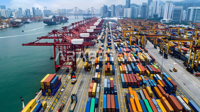 Maritime economy for transporting and receiving storage containers, trade in goods and local products via ships at sea, a picture from above of ports for shipping goods and commercial containers, using modern advanced means in exporting and importing goods in Saudi Arabia.