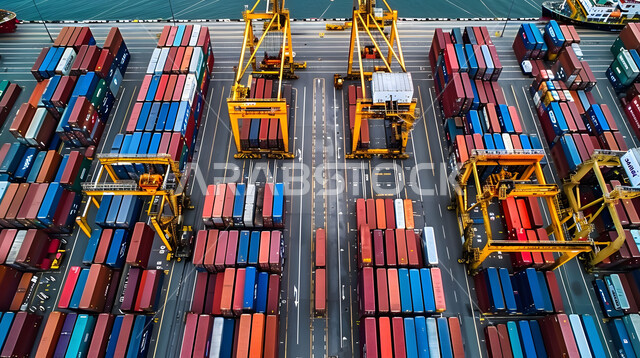 الاقتصاد البحري لنقل واستلام كونتينرات التخزين, تجارة السلع والمنتجات المحلية عبر السفن في البحار، صورة من الاعلى لموانئ شحن البضائع و الحاويات التجارية, استخدام الوسائل المتطورة الحديثه في استيراد وتصدير البضاعة في السعودية