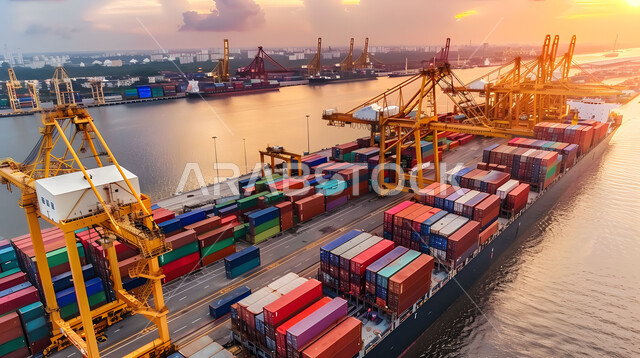 استخدام الوسائل المتطورة الحديثه في  استيراد وتصدير البضاعة في السعودية, تجارة السلع والمنتجات المحلية عبر السفن في البحار، صورة من الاعلى لموانئ شحن البضائع و الحاويات التجارية وقت غروب الشمس, الاقتصاد البحري لنقل واستلام كونتينرات التخزين