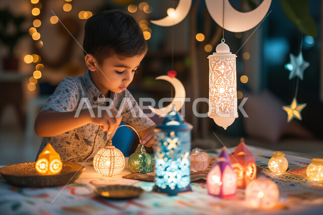  الاستعداد والتجهز لاستقبال شهر رمضان المبارك، تعظيم شعائر الإسلام والمسلمين، ولد عربي خليجي سعودي يقوم بترتيب الفوانيس العربية المعدنية المزخرفة المضيئة، ديكورات وزينة واضواء الشهر المبارك