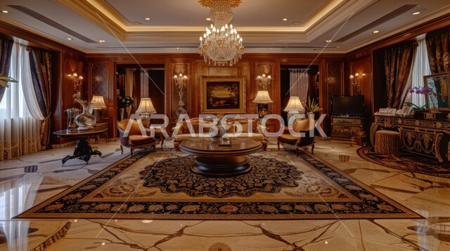 Geometric art and interior decoration for a spacious living room, elegant antiques and decorations in the Moroccan style, living rooms with modern, luxurious designs, accessories and chandeliers hanging from the ceiling, sophisticated and luxurious home furniture.