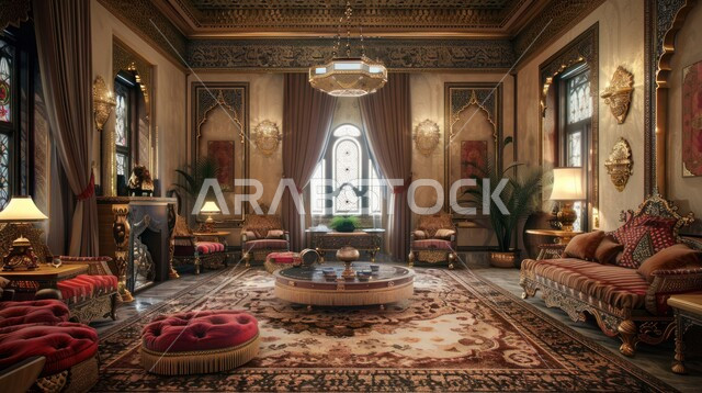 التحف والديكورات الأنيقة على الطراز المغربي، غرف معيشه بتصاميم عصرية حديثه فاخرة، الفن الهندسي والديكور الداخلي لغرفة جلوس واسعة، الاكسسوارات والثريا المعلقة في السقف، أثاث منزلي راقي وفخم