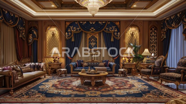 Living rooms with modern, luxurious designs, elegant antiques and decorations in the Moroccan style, geometric art and interior decoration for a spacious living room, accessories and chandeliers hanging from the ceiling, sophisticated and luxurious home furniture.