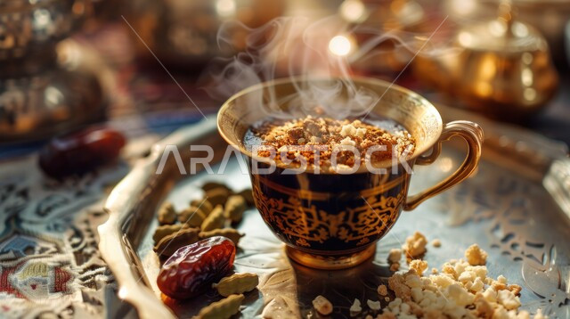  جودة المنتجات المحلية الوطنية ,العادات العربية القديمة في تقديم القهوة، حسن الضيافه وكرم الإستقبال في المملكة العربية السعودية، صورة مقربة لفنجان قهوة ساخن مع المكسرات، الاستمتاع بالمشروبات الساخنة