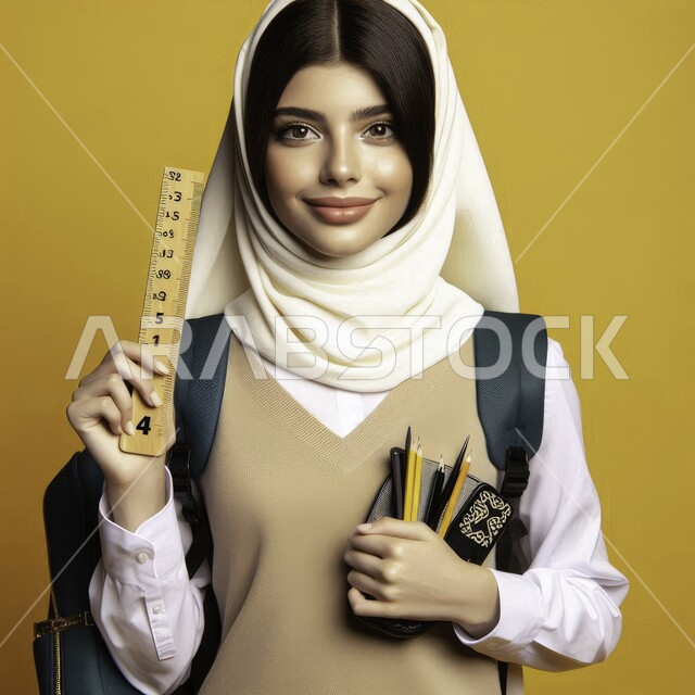 الحرص على التفوق والنجاح، الاهتمام بالأناقة والمظهر الخارجي، بورتريه مقرب لطالبة شابة عربية خليجية سعودية محجبة ترتدي حقيبة الظهر تحمل بيدها المسطرة والاقلام, النظر الى الكاميرا بإيماءات  السعادة والسرور، جودة المدارس في المملكة، خلفية صفراء