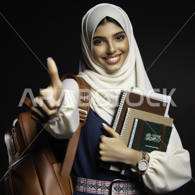 الحرص على التفوق والنجاح، الاهتمام بالأناقة والمظهر الخارجي، بورتريه مقرب لطالبة شابة عربية خليجية سعودية محجبة ترتدي حقيبة الظهر تحمل بيدها الكتب تنظر الى الكاميرا ترفع اصبع الابهام بإيماءات الرضا والاعجاب، جودة المدارس في المملكة، خلفية سوداء