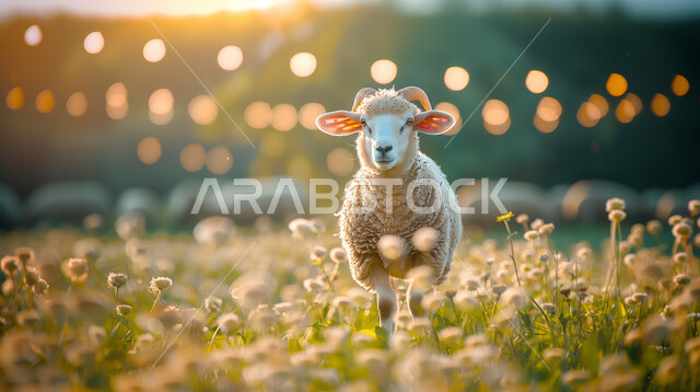 تربية المواشي والعناية بها, صورة بانورامية لخروف أبيض يقفز بخفة في الحقول المليئة بالأزهار الصفراء, الحياة البرية في المملكة العريية السعودية, الاهتمام بالأغنام والثدييات
