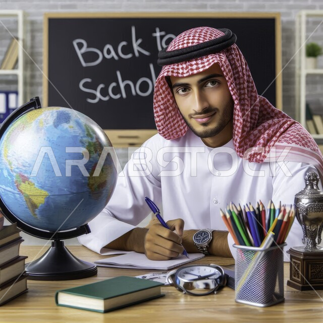 مفهوم المتابعة والتركيز على الدروس، الحرص على التفوق والنجاح، الاهتمام بالأناقة والمظهر الخارجي، صورة مقربة لطالب عربي خليجي سعودي يجلس داخل الفصل الدراسي ينظر الى الكاميرا بإيماءات الفرح والسرور، جودة التعليم والمدارس في المملكة