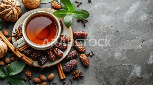 وجبة ذات قيمة غذائية عالية، المشروبات الصحية الساخنة، صورة مقربة لكوب من الشاي وحبات التمر الطازجة، المنتجات والمحاصيل المحلية الوطنية في المملكة العربية السعودية، فطور صحي ومفيد