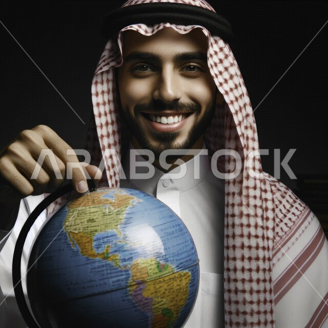 The quality of education and schools in the Kingdom, the desire for excellence and success, a close-up portrait of a young Saudi Arabian Gulf student wearing a shemagh and traditional dress, holding a globe in his hand, looking at the camera with gestures of joy and pleasure, black background