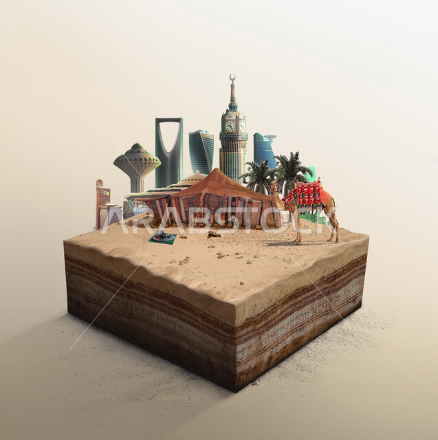 Attracting and attracting tourists from different countries, urban growth and development, a three-dimensional model of towers and skyscrapers in the Kingdom of Saudi Arabia, modern-style architectural art for famous landmarks, raising and caring for camels in natural places, a colorful background