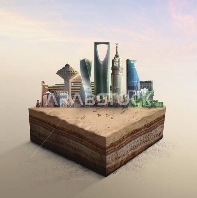 النمو و التطور العمراني ,مجسم ثلاثي الابعاد للأبراج وناطحات السحاب في المملكة العربية السعودية, الفن الهندسي المعماري على الطراز الحديث للمعالم المشهورة, جذب و استقطاب السياح من مختلف البلدان, خلفية ملونة