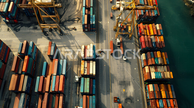 تصدير وإستيراد البضاعة في السعودية من خلال استخدام الوسائل المتطورة الحديثه، الاقتصاد البحري لنقل واستلام كونتينرات التخزين, موانئ شحن البضائع و الحاويات التجارية, صورة من الاعلى لتجارة السلع والمنتجات المحلية عبر السفن في البحار