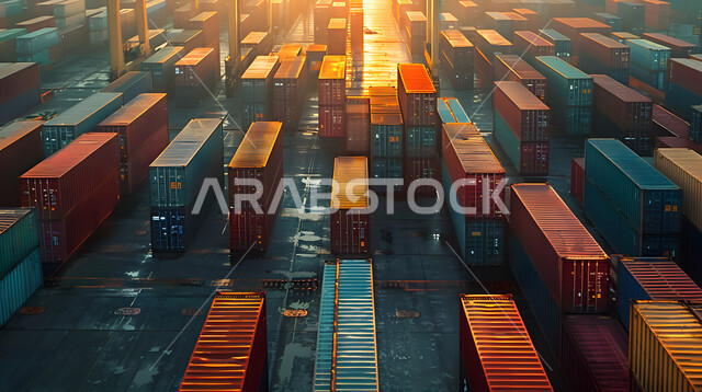 استلام ونقل كونتينرات التخزين عبر الاقتصاد البحري, تصدير وإستيراد البضاعة في السعودية من خلال استخدام الوسائل المتطورة الحديثه، موانئ شحن البضائع و الحاويات التجارية, صورة من الاعلى لتجارة السلع والمنتجات المحلية عبر السفن في البحار