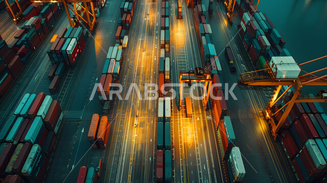 إستيراد وتصدير البضاعة في السعودية من خلال استخدام الوسائل المتطورة الحديثه، الاقتصاد البحري لنقل واستلام كونتينرات التخزين, موانئ شحن البضائع و الحاويات التجارية, صورة من الاعلى لتجارة السلع والمنتجات المحلية عبر السفن في البحار