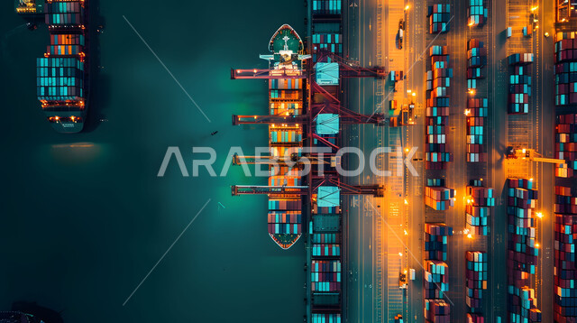 اعتماد الوسائل المتطورة الحديثه في إستيراد وتصدير البضاعة في السعودية، الاقتصاد البحري لنقل واستلام كونتينرات التخزين, موانئ شحن البضائع و الحاويات التجارية, صورة من الاعلى لتجارة السلع والمنتجات المحلية عبر السفن في البحار