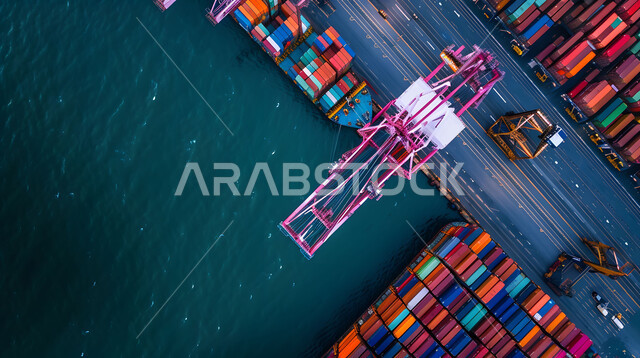 استعمال الوسائل المتطورة الحديثه في إستيراد وتصدير البضاعة في السعودية، الاقتصاد البحري لنقل واستلام كونتينرات التخزين, موانئ شحن البضائع و الحاويات التجارية, صورة من الاعلى لتجارة السلع والمنتجات المحلية عبر السفن في البحار
