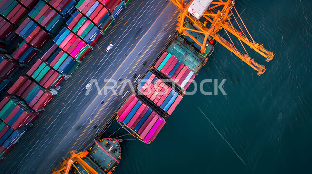 استخدام الوسائل المتطورة الحديثه في إستيراد وتصدير البضاعة في السعودية، الاقتصاد البحري لنقل واستلام كونتينرات التخزين, موانئ شحن البضائع و الحاويات التجارية, صورة من الاعلى لتجارة السلع والمنتجات المحلية عبر السفن في البحار