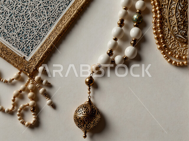 طلب المغفرة والدعاء والصفح، الاجتهاد في العبادة والتقرب إلى الله في شهر رمضان المبارك، الإكثار من الذكر والتسبيح، صورة مقربة لمسبحة يد من حبات الخرز الخشبية المزخرفة، خلفية بيضاء