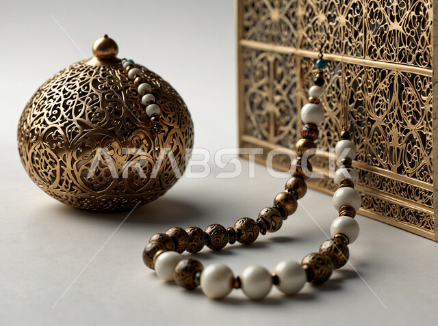 الاجتهاد في العبادة والتقرب إلى الله في شهر رمضان المبارك، الدعاء وطلب المغفرة والصفح، الإكثار من الذكر والتسبيح، صورة مقربة لمسبحة يد من حبات الخرز الخشبية المزخرفة، خلفية بيضاء