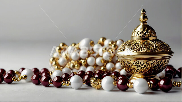 التقرب إلى الله والعبادة في شهر رمضان المبارك، الإكثار من الذكر والتسبيح، صورة مقربة لمسبحة يد من حبات الخرز الخشبية المزخرفة، الدعاء وطلب المغفرة والصفح، خلفية بيضاء