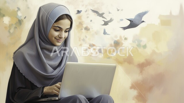 إجراء مكالمات فيديو عبر جهاز اللابتوب، تصفح مواقع التواصل الاجتماعي عبر الانترنت، صورة مقربة لفتاة عربية خليجية سعودية محجبة تعمل على الحاسوب المحمول بايماءات السعادة والسرور، استخدام التكنولوجيا الحديثة والمتطورة