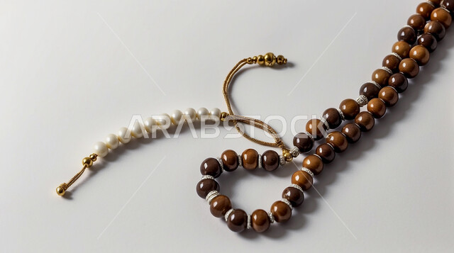 العبادة والتقرب إلى الله في شهر رمضان المبارك، الإكثار من الذكر والتسبيح، صورة مقربة لمسبحة يد من حبات الخرز الخشبية، الدعاء وطلب المغفرة والصفح، خلفية بيضاء