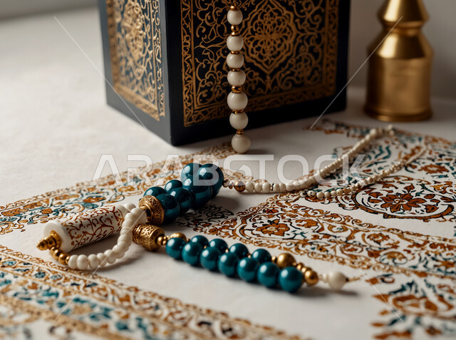التسبيح والذكر في شهر رمضان المبارك، الدعاء وطلب المغفرة والصفح، الاجتهاد في العبادة والتقرب إلى الله ، صورة مقربة لمسبحة يد من حبات الخرز الخشبية المزخرفة