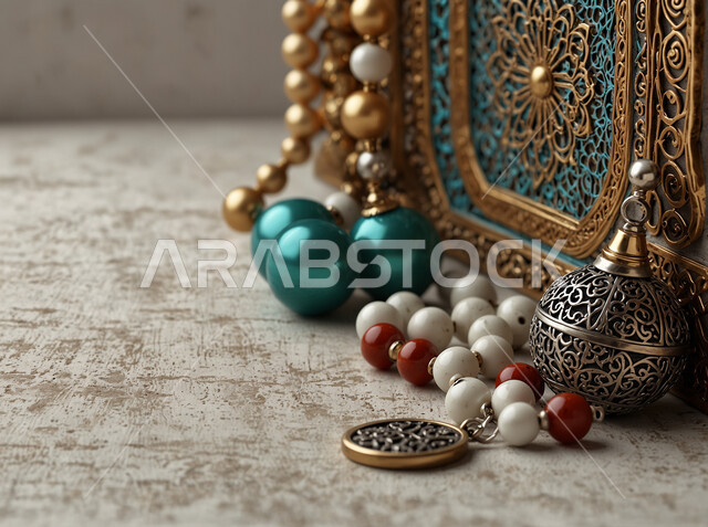 الذكر والتسبيح في شهر رمضان المبارك، الدعاء وطلب المغفرة والصفح، الاجتهاد في العبادة والتقرب إلى الله ، صورة مقربة لمسبحة يد من حبات الخرز الخشبية المزخرفة